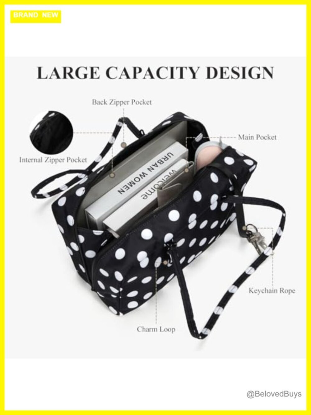 Nylon Polka Dot Bowler Top Handle Tote Bag with Key Leash - Picture 4 of 7